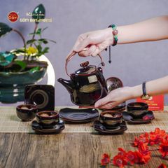 Bộ Ấm Chén Siêu Men Hỏa Biến Quét Xám Lòng Hoa