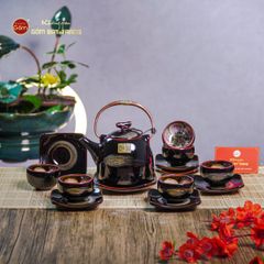 Bộ Ấm Chén Siêu Men Hỏa Biến Quét Xám Lòng Hoa