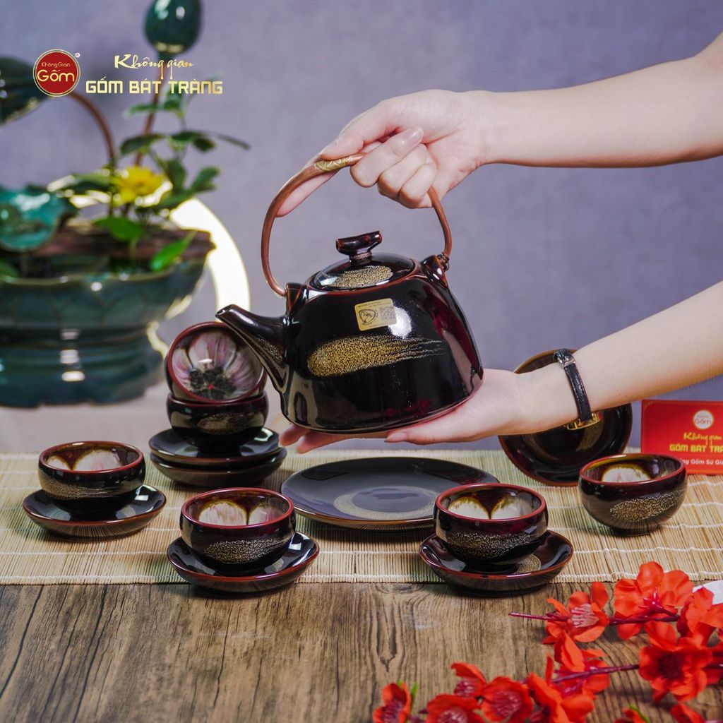 Bộ Ấm Chén Siêu Men Hỏa Biến Quét Xám