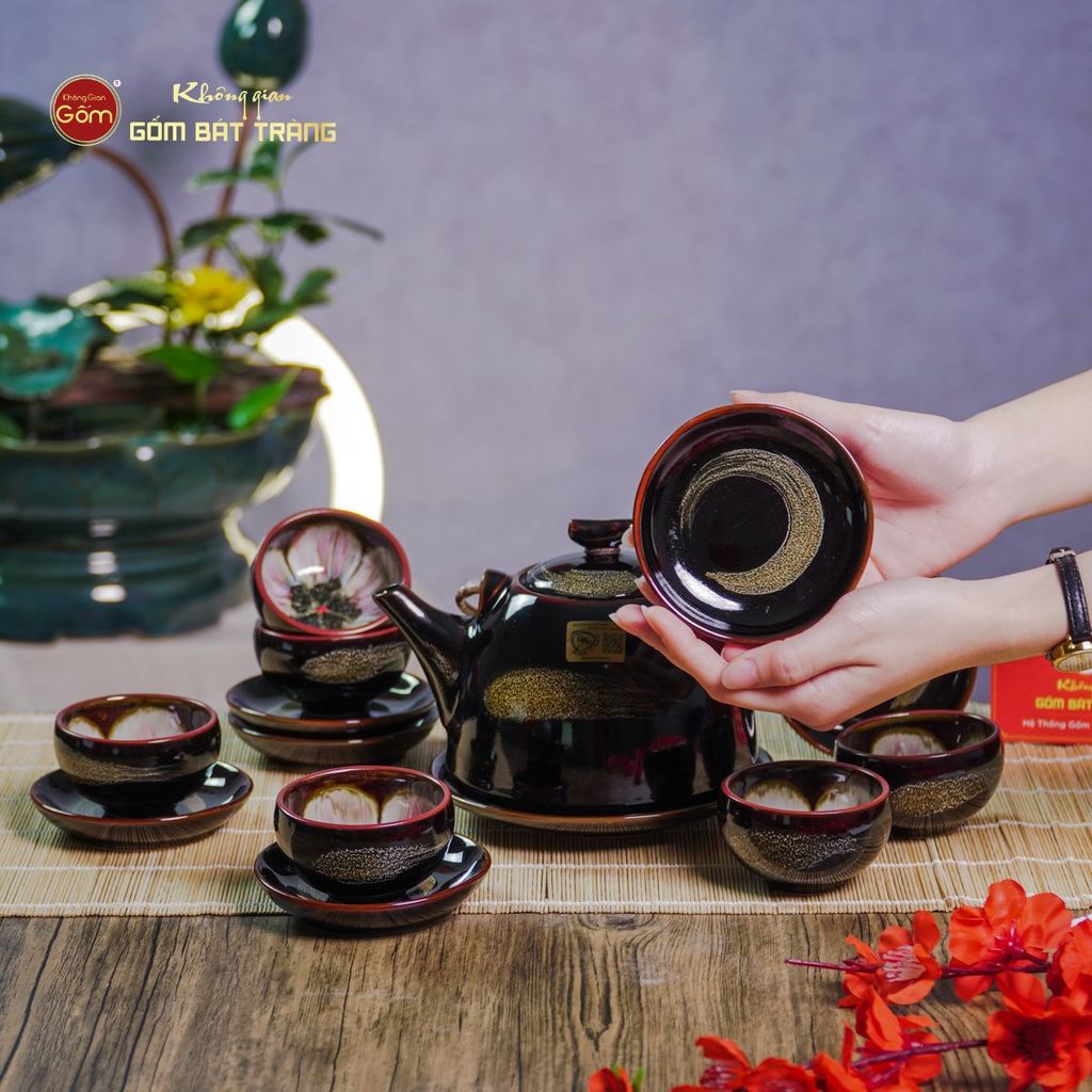 Bộ Ấm Chén Siêu Men Hỏa Biến Quét Xám