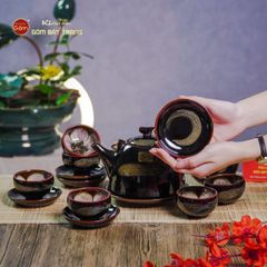 Bộ Ấm Chén Siêu Men Hỏa Biến Quét Xám