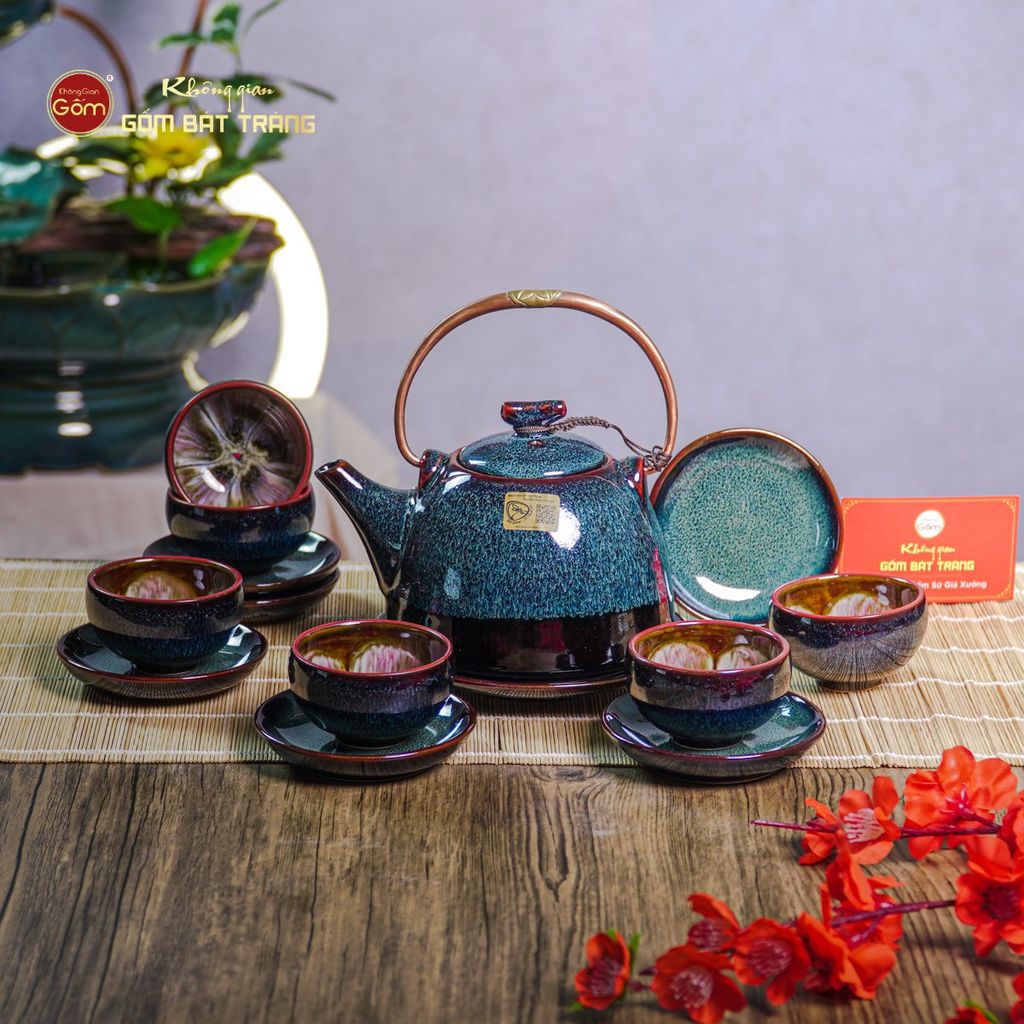 Bộ Ấm Chén Siêu Men Hỏa Biến Rêu Lòng Hoa