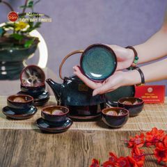Bộ Ấm Chén Siêu Men Hỏa Biến Rêu Lòng Hoa