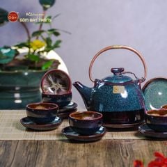 Bộ Ấm Chén Siêu Men Hỏa Biến Rêu Lòng Hoa