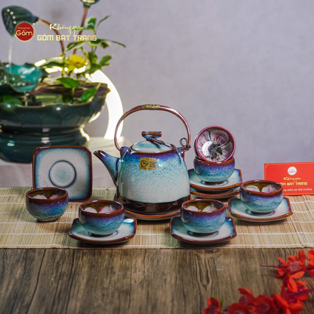 Bộ Ấm Chén Siêu Men Hỏa Biến Trắng Xanh Lòng Hoa