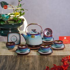 Bộ Ấm Chén Siêu Men Hỏa Biến Trắng Xanh Lòng Hoa