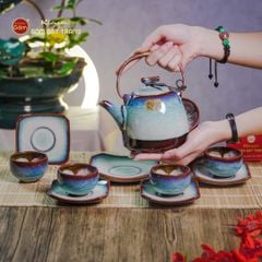 Bộ Ấm Chén Siêu Men Hỏa Biến Trắng Xanh Lòng Hoa