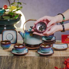 Bộ Ấm Chén Siêu Men Hỏa Biến Trắng Xanh Lòng Hoa