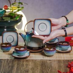 Bộ Ấm Chén Siêu Men Hỏa Biến Trắng Xanh Lòng Hoa