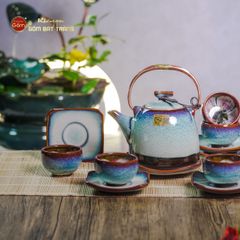 Bộ Ấm Chén Siêu Men Hỏa Biến Trắng Xanh Lòng Hoa