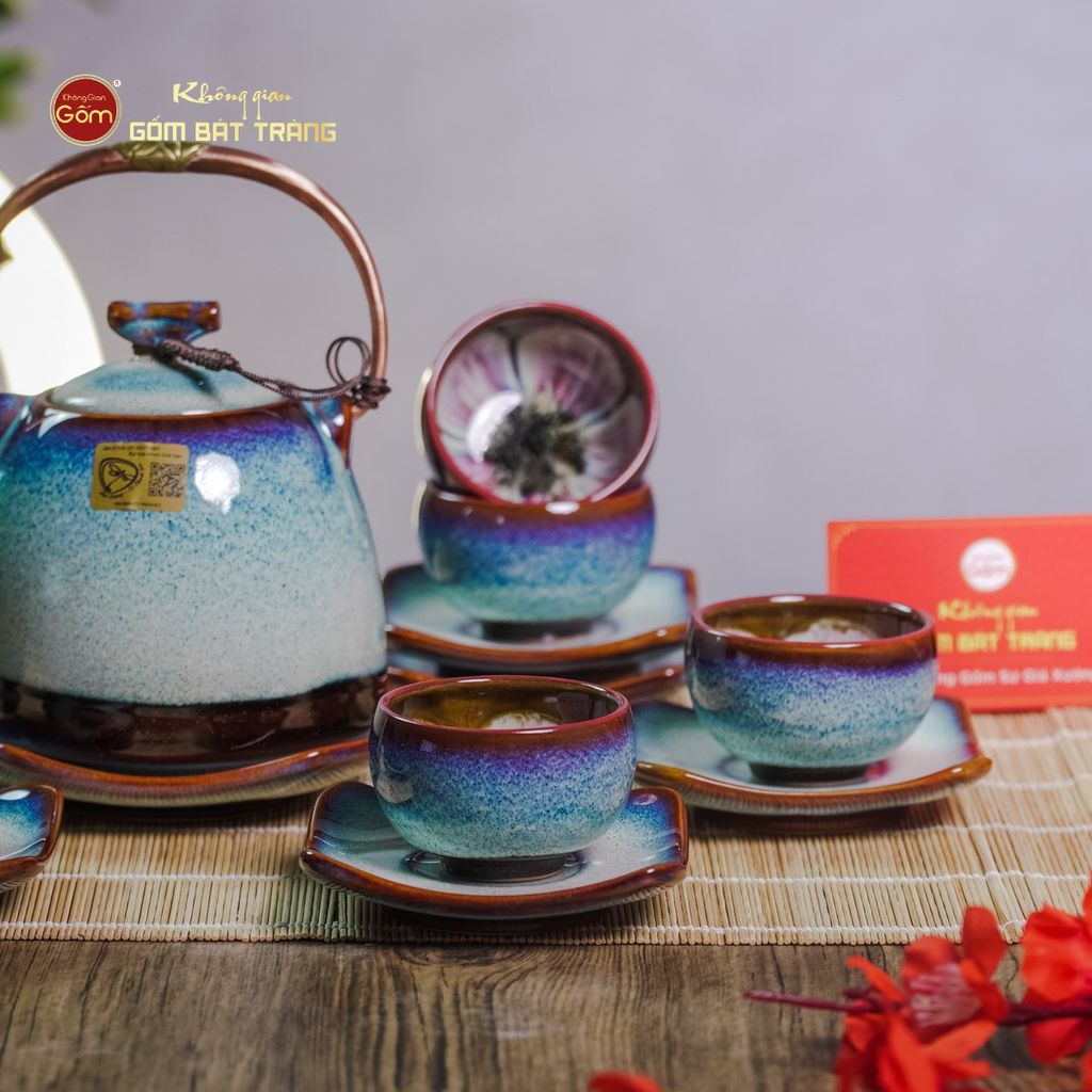 Bộ Ấm Chén Siêu Men Hỏa Biến Trắng Xanh Lòng Hoa