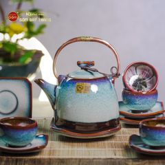 Bộ Ấm Chén Siêu Men Hỏa Biến Trắng Xanh Lòng Hoa