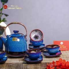 Bộ Ấm Chén Siêu Men Hỏa Biến Xanh Đen Lòng Hoa