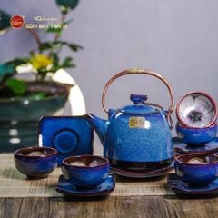Bộ Ấm Chén Siêu Men Hỏa Biến Xanh Đen Lòng Hoa