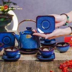 Bộ Ấm Chén Siêu Men Hỏa Biến Xanh Đen Lòng Hoa