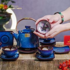 Bộ Ấm Chén Siêu Men Hỏa Biến Xanh Đen Lòng Hoa