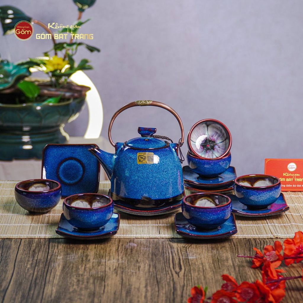 Bộ Ấm Chén Siêu Men Hỏa Biến Xanh Đen Lòng Hoa