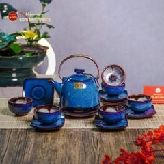 Bộ Ấm Chén Siêu Men Hỏa Biến Xanh Đen Lòng Hoa