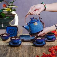 Bộ Ấm Chén Siêu Men Hỏa Biến Xanh Đen Lòng Hoa