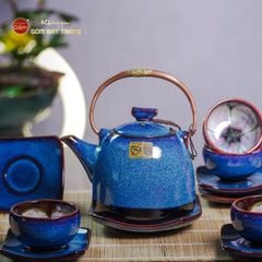 Bộ Ấm Chén Siêu Men Hỏa Biến Xanh Đen Lòng Hoa