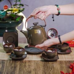 Bộ Ấm Chén Siêu Men Hỏa Biến Xanh Ngọc Lòng Hoa