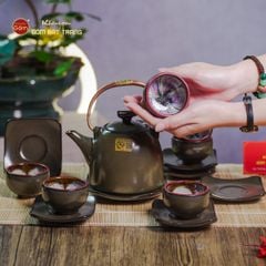 Bộ Ấm Chén Siêu Men Hỏa Biến Xanh Ngọc Lòng Hoa
