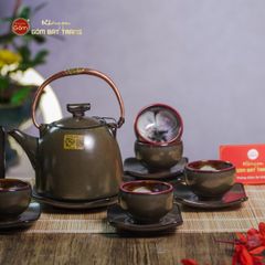Bộ Ấm Chén Siêu Men Hỏa Biến Xanh Ngọc Lòng Hoa