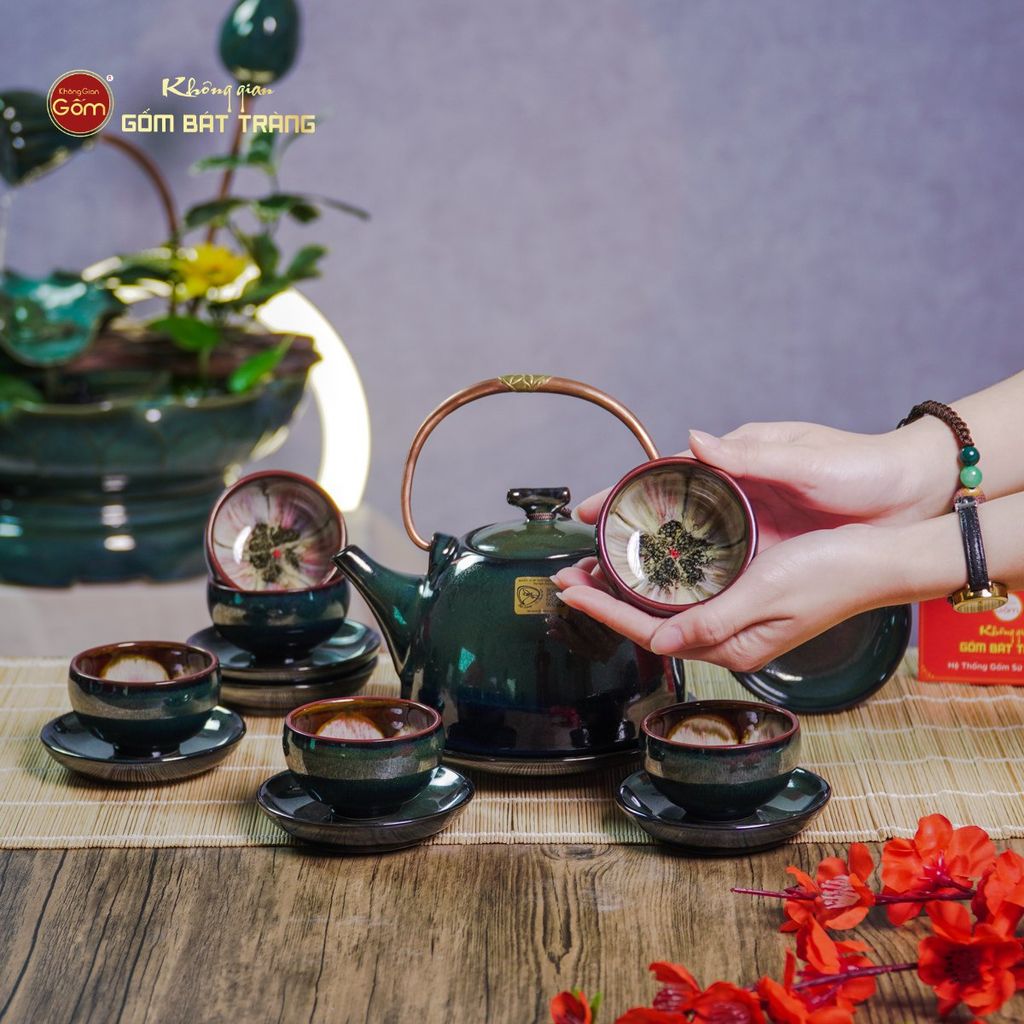 Bộ Ấm Chén Siêu Men Hỏa Biến Xanh Xám
