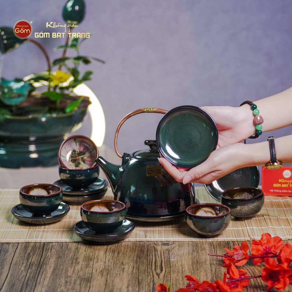 Bộ Ấm Chén Siêu Men Hỏa Biến Xanh Xám