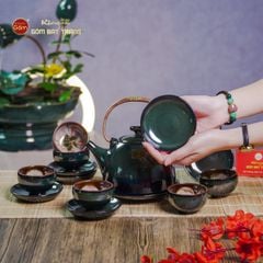 Bộ Ấm Chén Siêu Men Hỏa Biến Xanh Xám