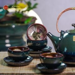 Bộ Ấm Chén Siêu Men Hỏa Biến Xanh Xám