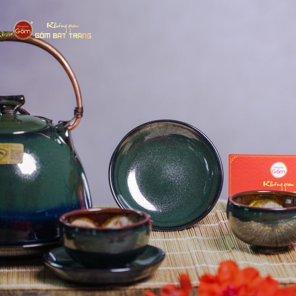 Bộ Ấm Chén Siêu Men Hỏa Biến Xanh Xám