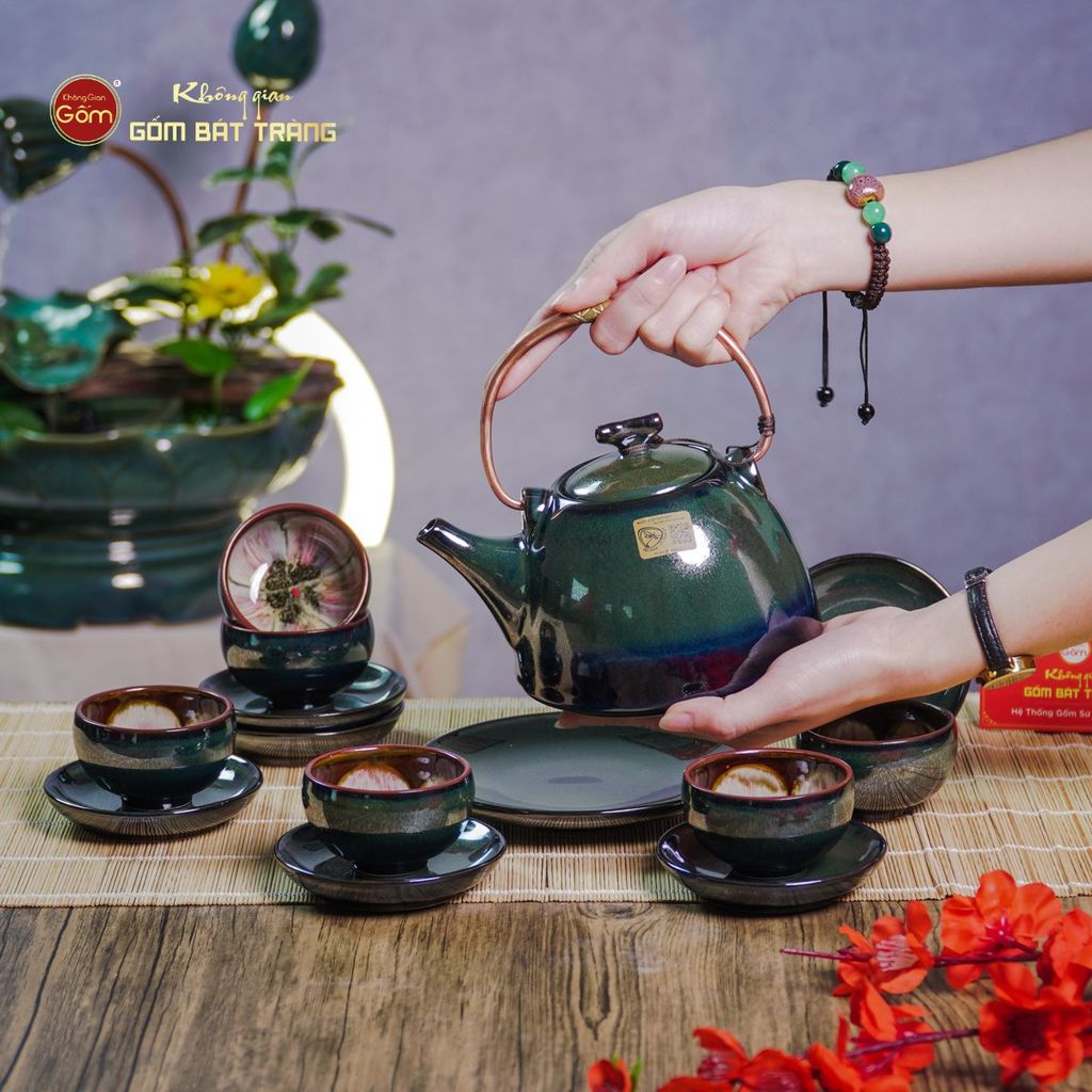 Bộ Ấm Chén Siêu Men Hỏa Biến Xanh Xám