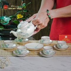 Bộ Ấm Chén Thiên Nga Men Kem Đào Xanh