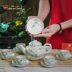 Bộ Ấm Chén Thiên Nga Men Kem Đào Xanh