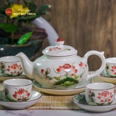 Bộ Ấm Chén Thiên Nga Men Kem Sen Đỏ
