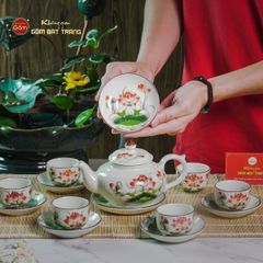 Bộ Ấm Chén Thiên Nga Men Kem Sen Đỏ