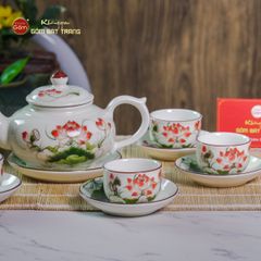 Bộ Ấm Chén Thiên Nga Men Kem Sen Đỏ