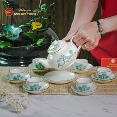 Bộ Ấm Chén Thiên Nga Men Kem Sen Xanh