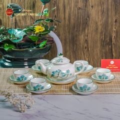 Bộ Ấm Chén Thiên Nga Men Kem Sen Xanh