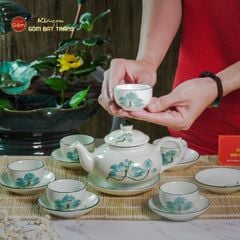 Bộ Ấm Chén Thiên Nga Men Kem Sen Xanh