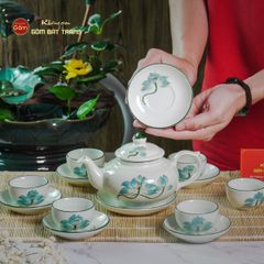 Bộ Ấm Chén Thiên Nga Men Kem Sen Xanh