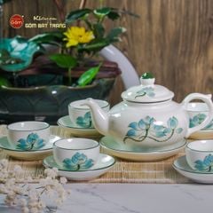 Bộ Ấm Chén Thiên Nga Men Kem Sen Xanh