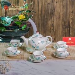 Bộ Ấm Chén Tròn Men Kem Vẽ Đào Xanh