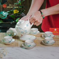 Bộ Ấm Chén Tròn Men Kem Vẽ Đào Xanh