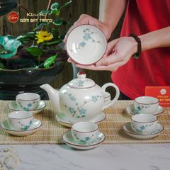 Bộ Ấm Chén Tròn Men Kem Vẽ Đào Xanh