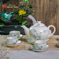 Bộ Ấm Chén Tròn Men Kem Vẽ Đào Xanh