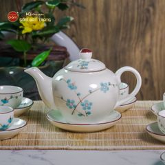 Bộ Ấm Chén Tròn Men Kem Vẽ Đào Xanh