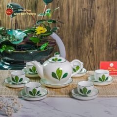 Bộ Ấm Chén Tròn Men Kem Vẽ Ngò Gai