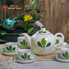 Bộ Ấm Chén Tròn Men Kem Vẽ Ngò Gai